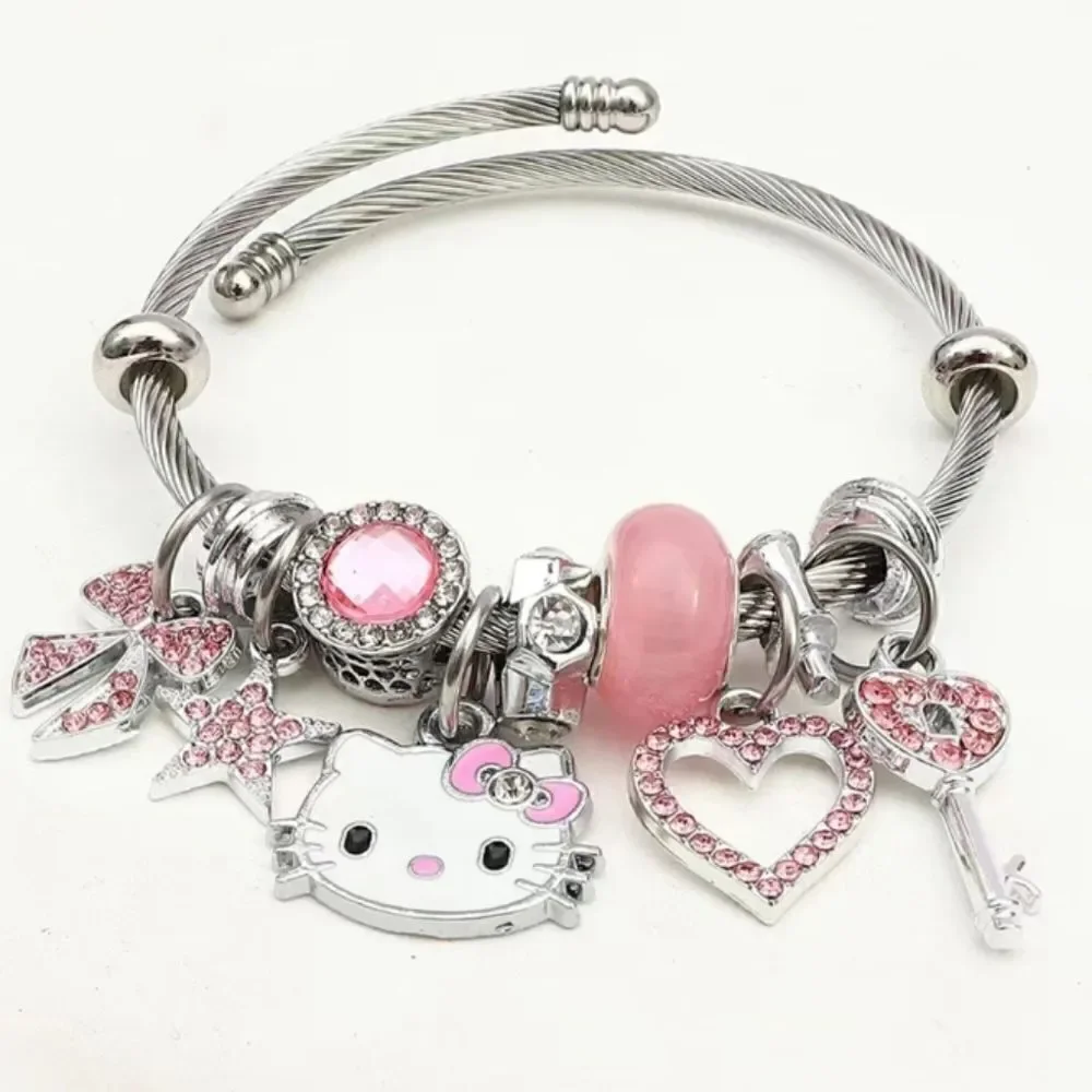 Hello Kitty Charm Pendant Silver & Pink Tone Bangle Bracelet